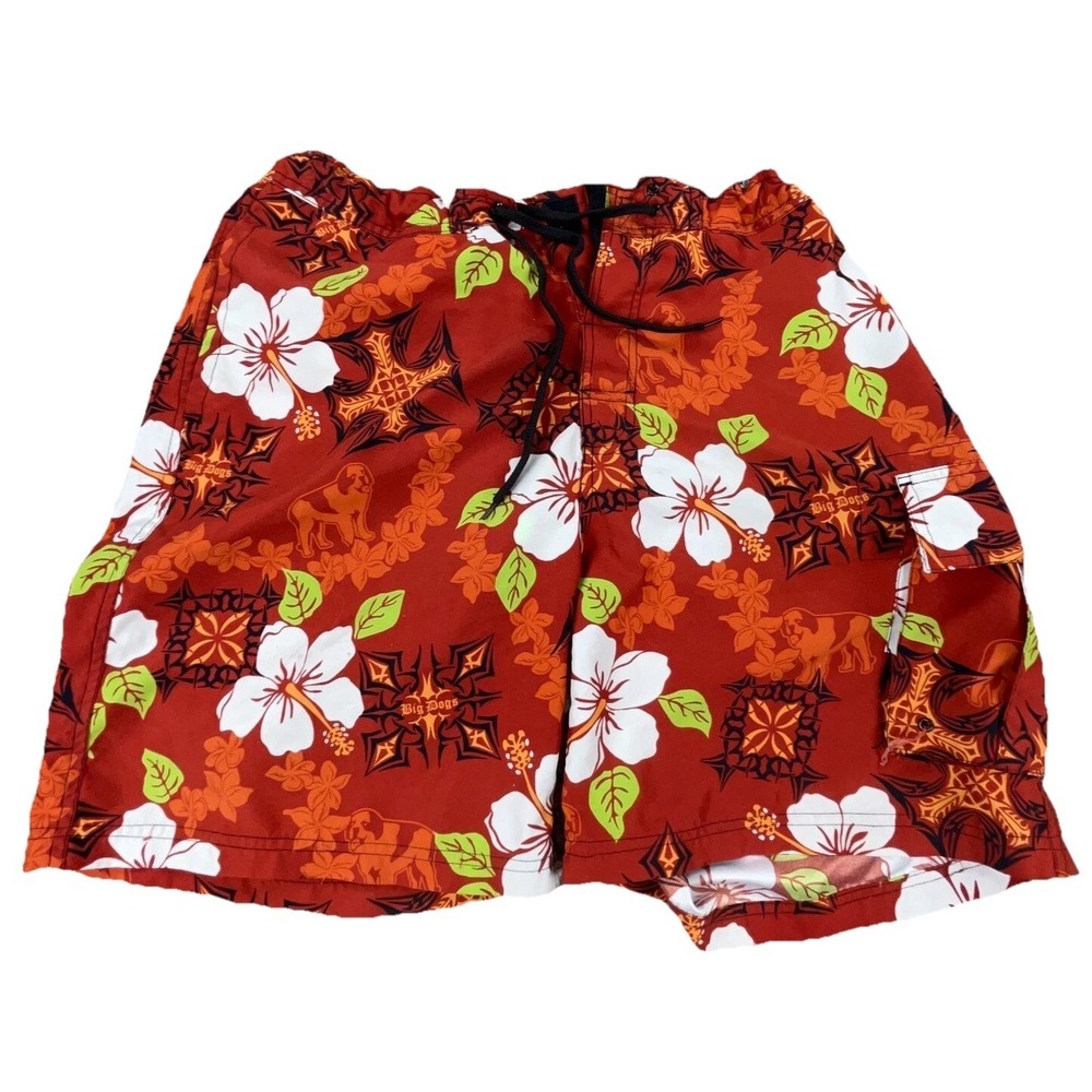 Big Dogs Swim Trunks Men Medium Red Floral Bored Shorts Surfing Hawaiian Beach